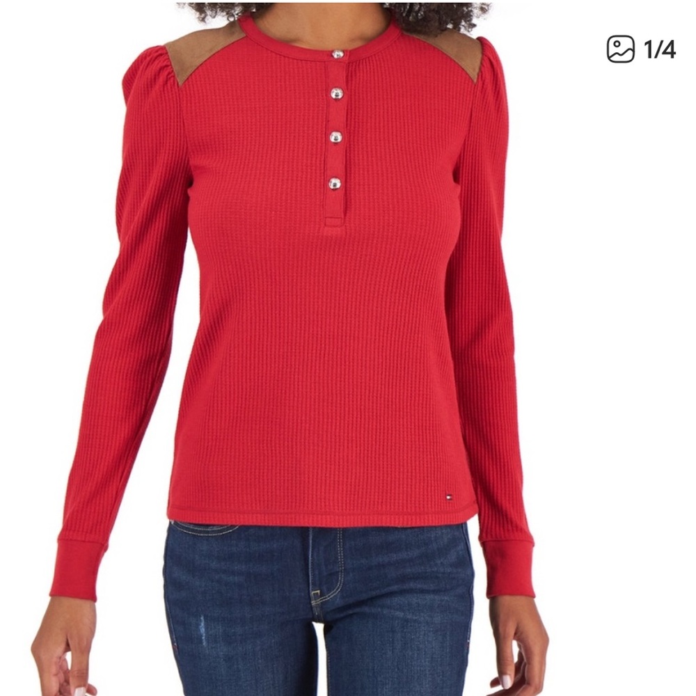 Tommy Hilfiger Red Faux Suede Trim Henley Top